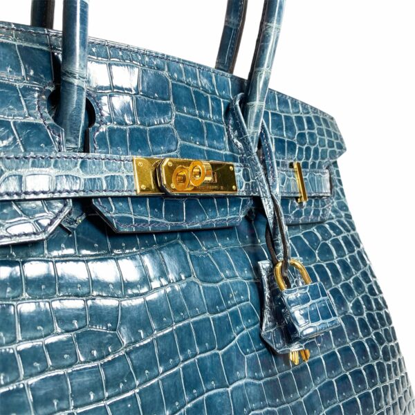 HM Birkin 30 Blue Tempete Porosus Crocodile Gold Hardware - Image 11