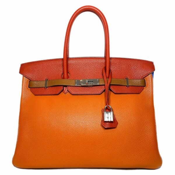 HM Birkin 35 Arlequin Orange Sanguine Gold Bleu Lin Bleu Hydra Etain Clemence Palladium Hardware