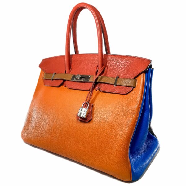 HM Birkin 35 Arlequin Orange Sanguine Gold Bleu Lin Bleu Hydra Etain Clemence Palladium Hardware - Image 3