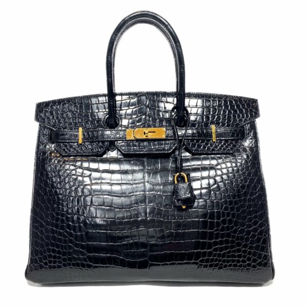 HM Birkin 35 Black Shiny Porosus Crocodile Gold Hardware