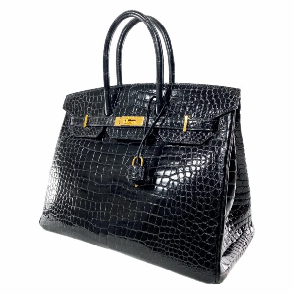 HM Birkin 35 Black Shiny Porosus Crocodile Gold Hardware - Image 3