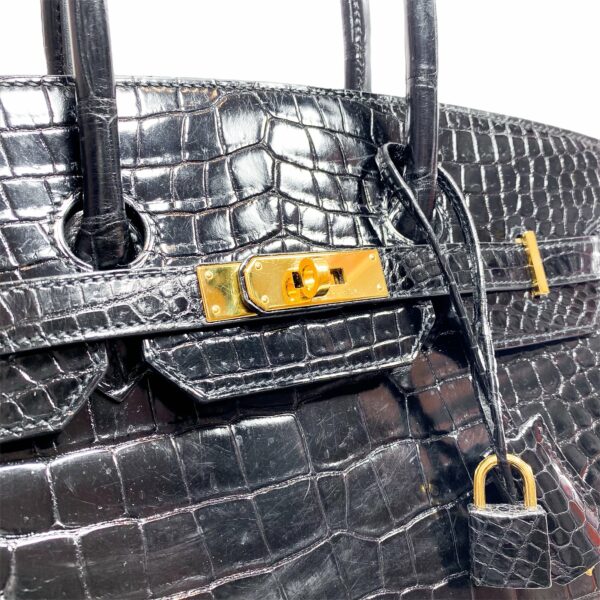 HM Birkin 35 Black Shiny Porosus Crocodile Gold Hardware - Image 11