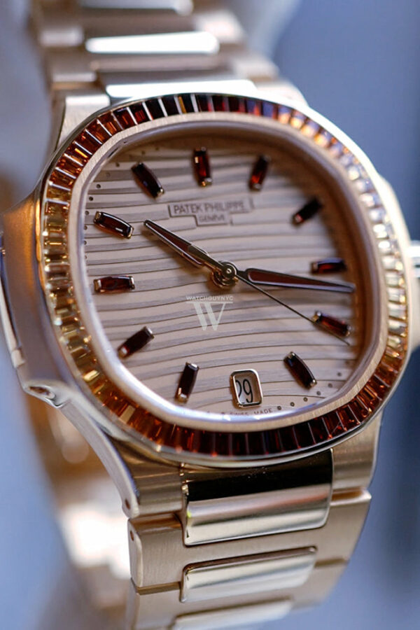 Patek Philippe Nautilus Ladies Rose Gold Baguette Cognac Bezel Watch 7118/1300R-001 - Image 3