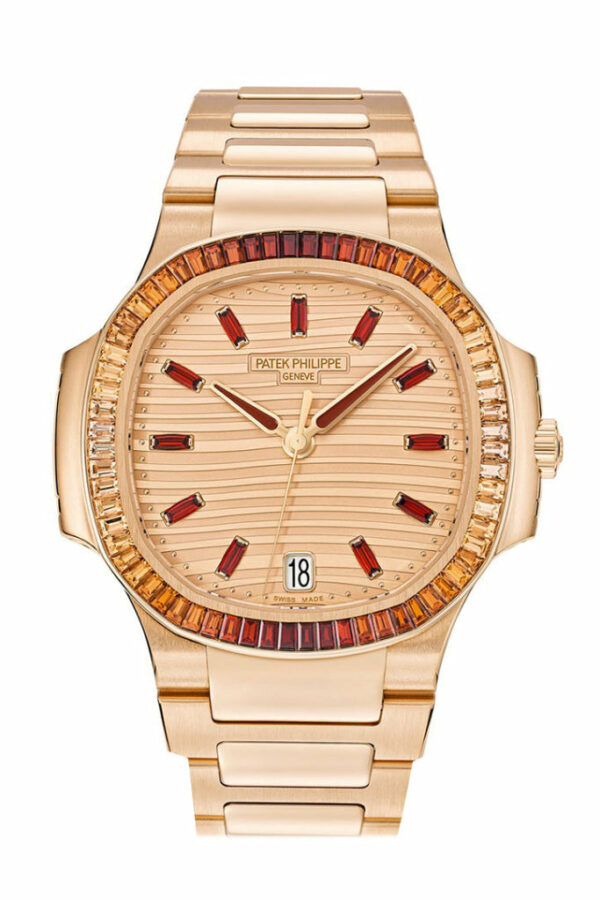 Patek Philippe Nautilus Ladies Rose Gold Baguette Cognac Bezel Watch 7118/1300R 7118/1300R-001