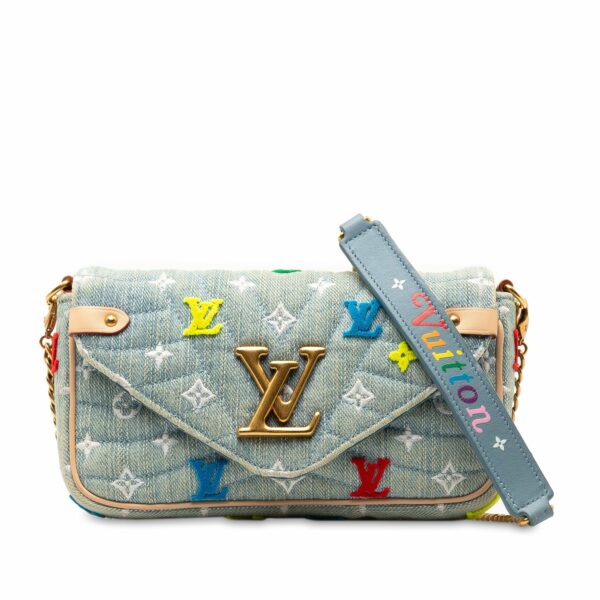 Blue LV Embroidered Monogram Denim New Wave Chain Pochette Crossbody Bag